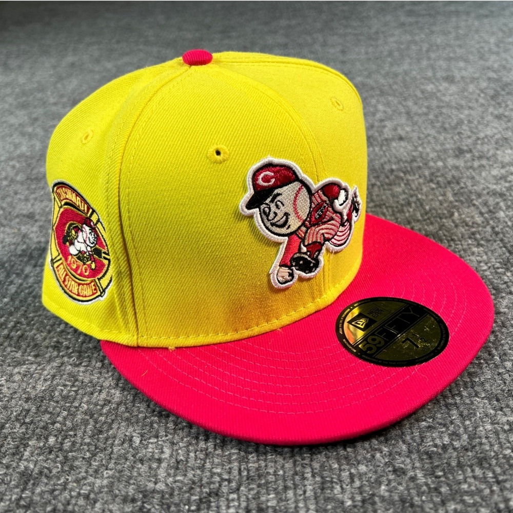 New Era Cincinnati Reds Hat Men 7 1/2 Yellow‎ Pink 1970 All Star Game Fitted Cap